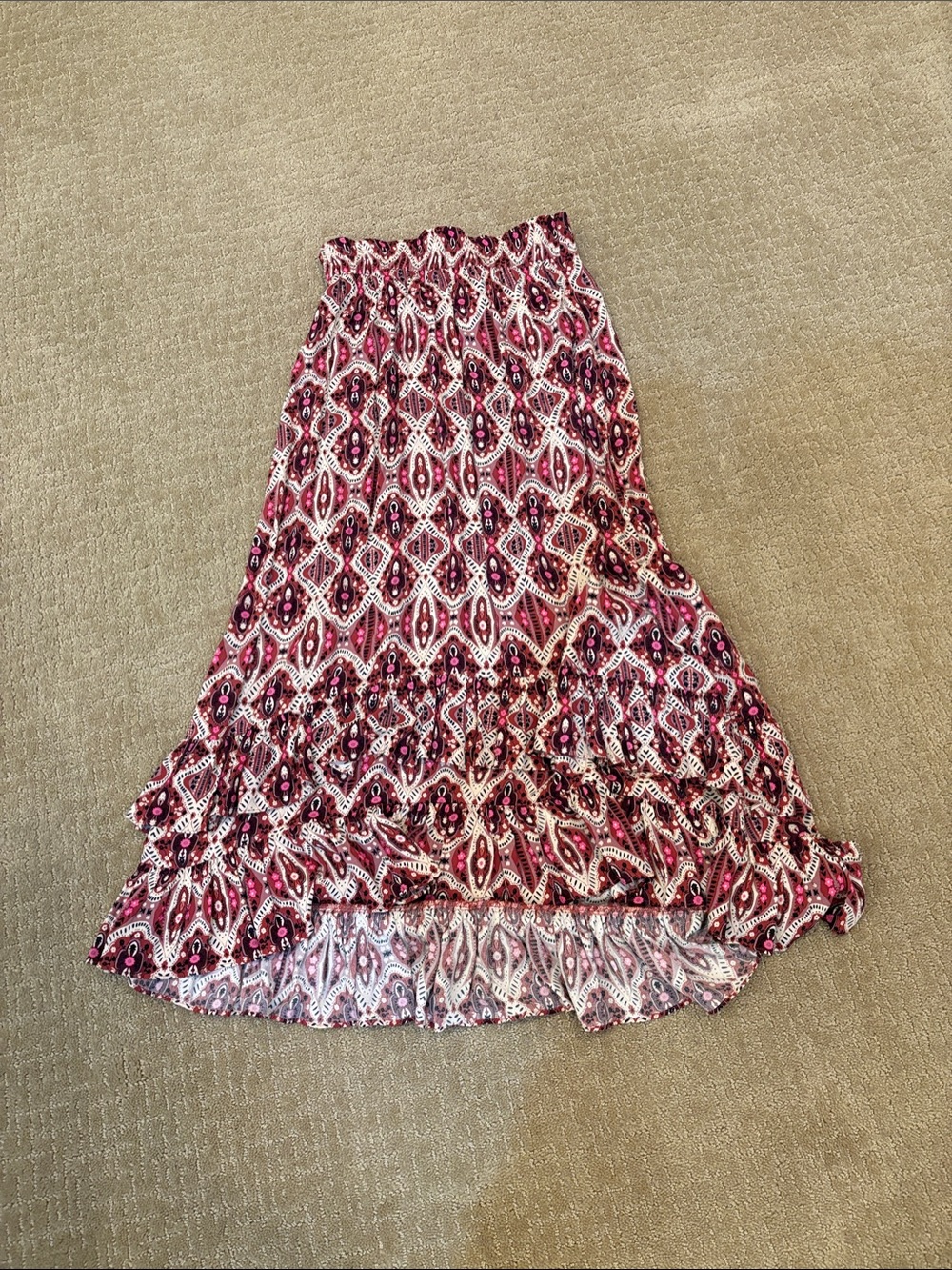Daniel Rainn High-Low Maxi Skirt in Pink and White Pattern